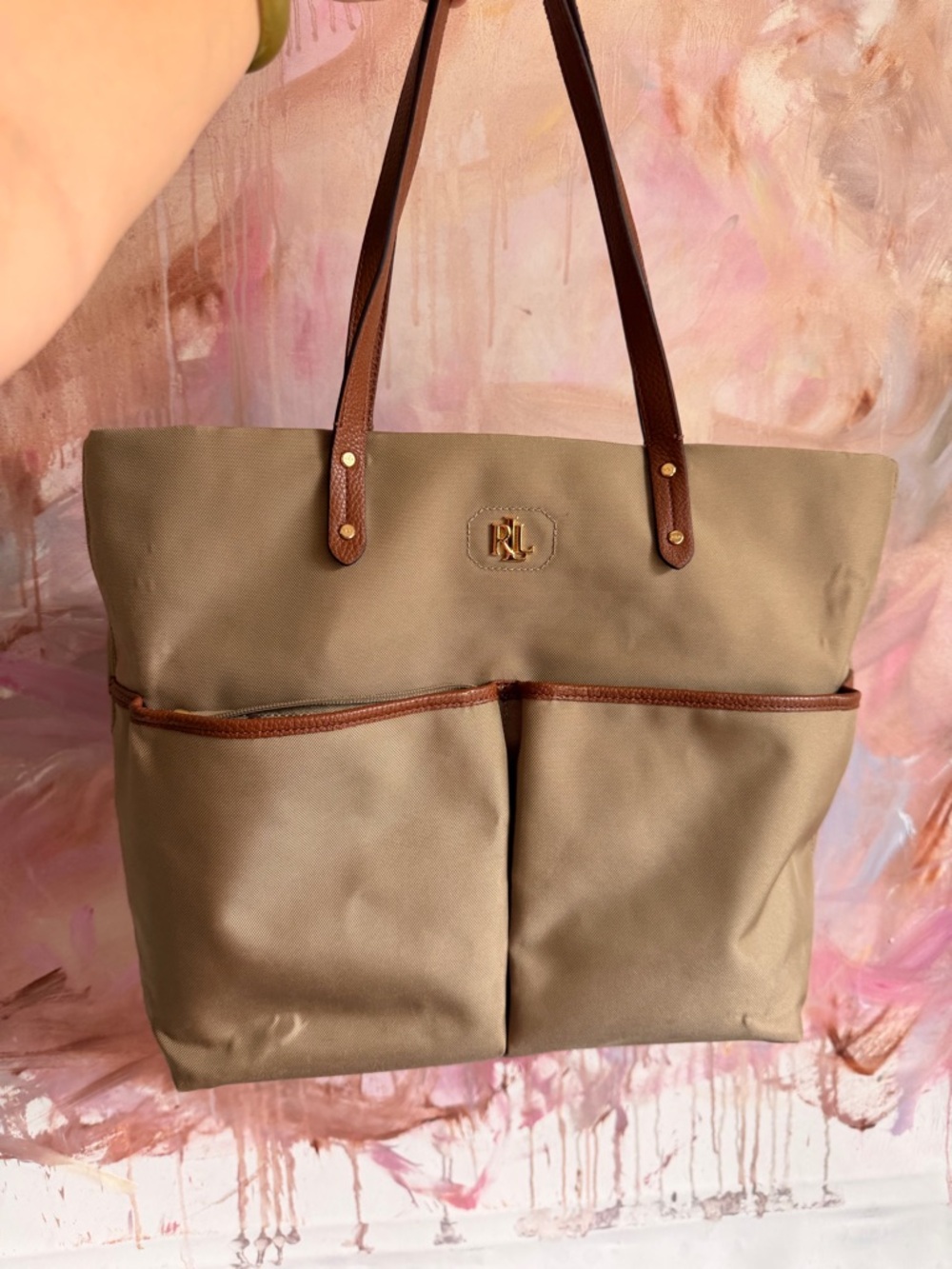 Ralph Lauren Taupe Canvas Tote with Brown Leather Trim